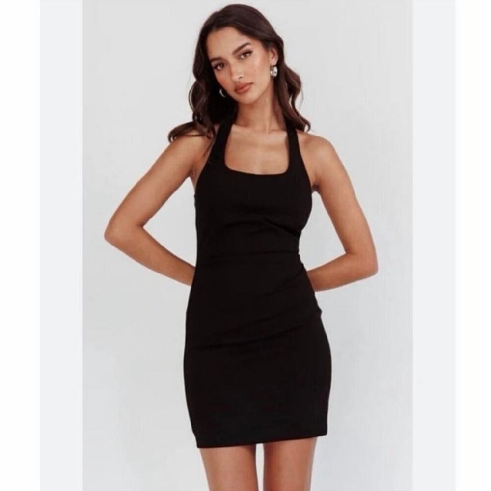 Mika & Gala Black Halter Mini Dress Open Back Tie Neck Bodycon AU 8 US 4
